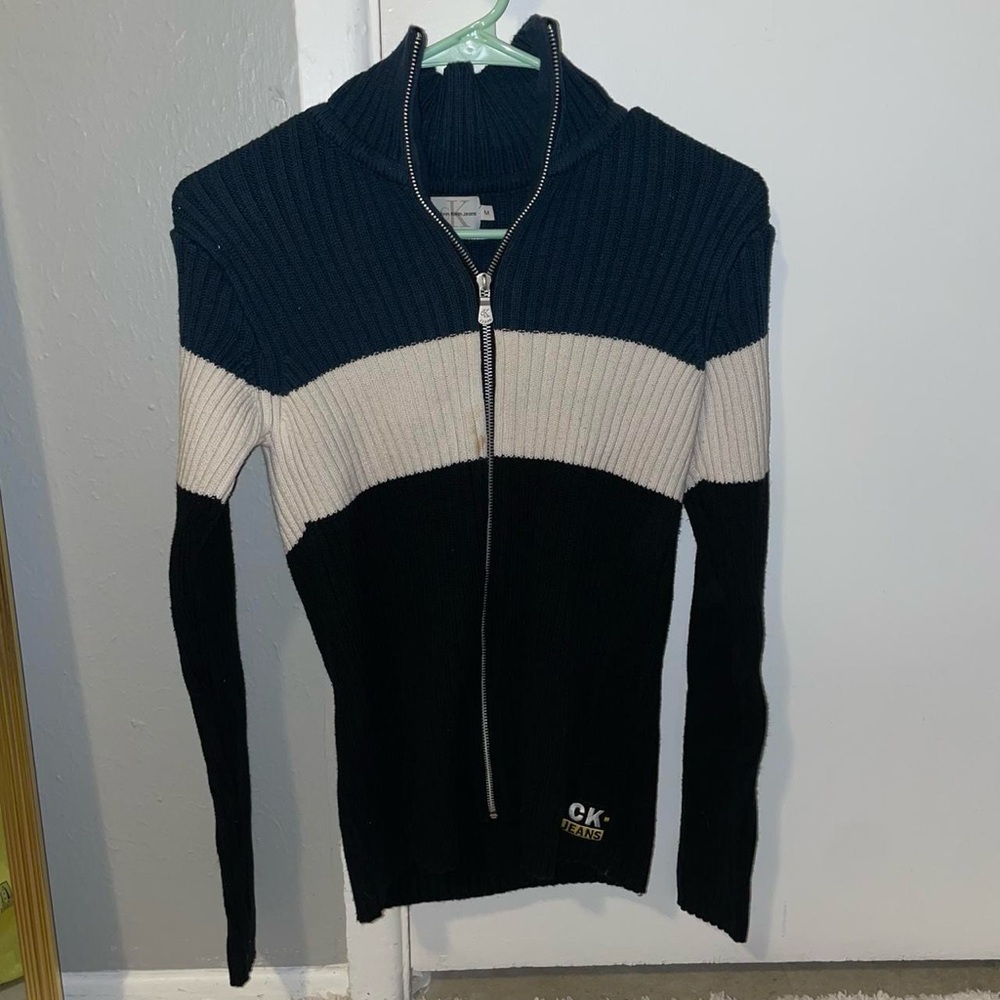 Y2K Calvin Klein Jeans turtleneck zip up sweater in navy, white, & black
Medium